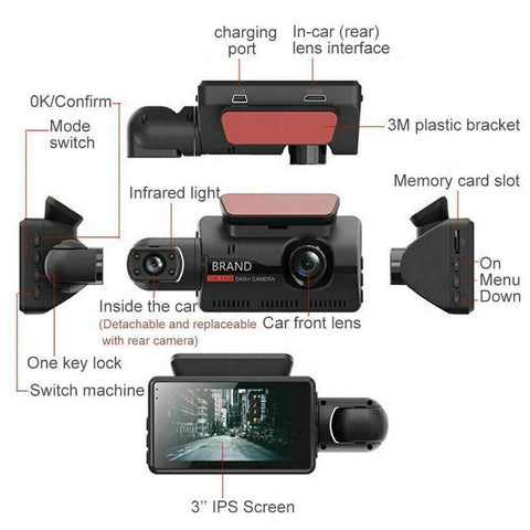 1080P Dual Lens Car DVR Dash Cam Video Recorder G-Sensor Front and inside Camera