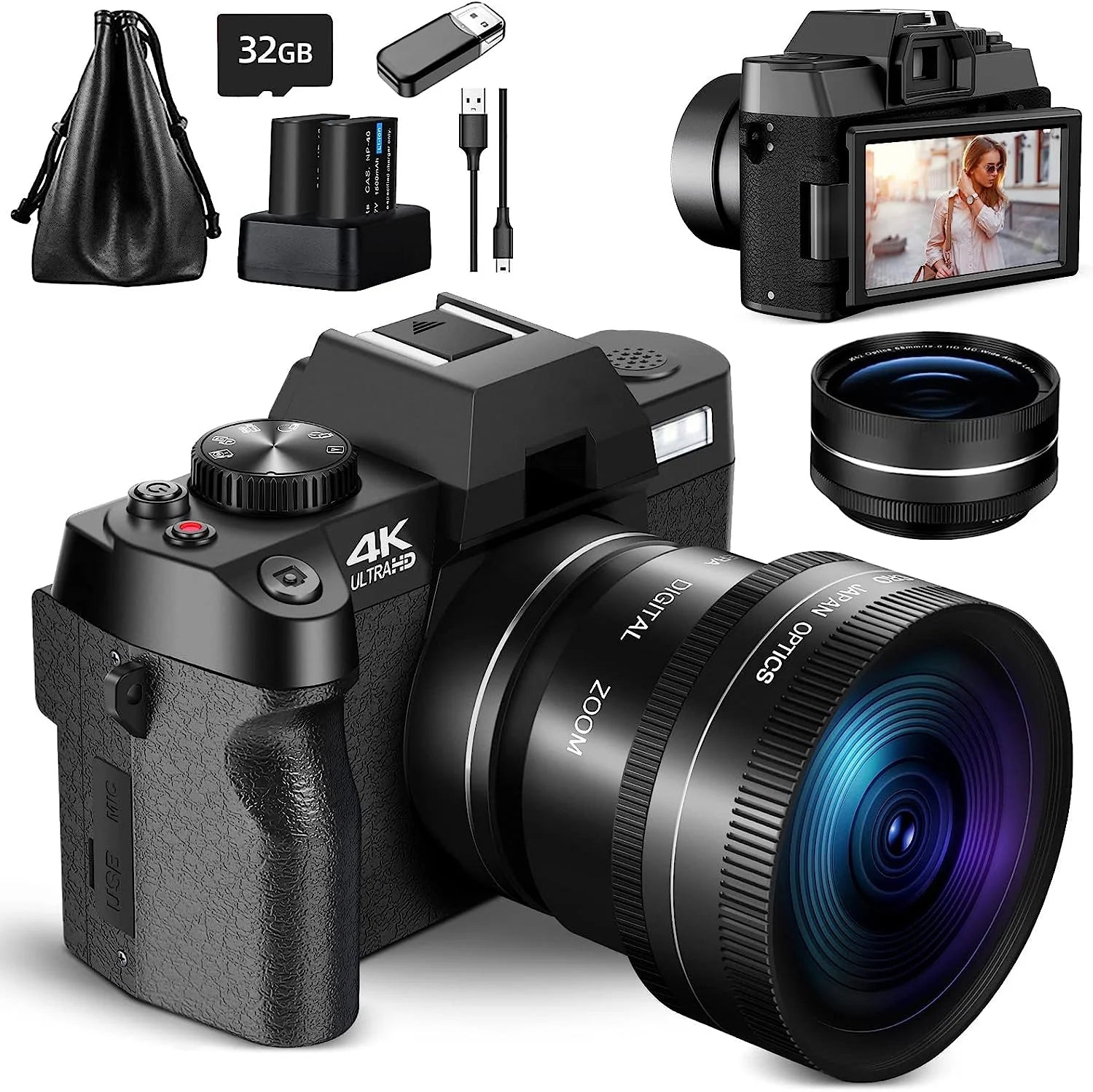 Digital Camera 4K Ultra HD 48MP All-In-One Vlogging Camera with Wide Angle Lens, Digital Zoom 16X and 3" Screen