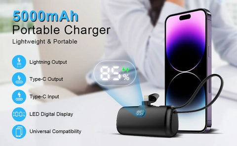 Portable Power Bank, Emergency Phone Charger External Battery Pack FAST CHARGING Power Bank Power Pod, 5000MAH Wireless Portable Phone Charger for Iphone 11/12/13/14 Pro, Black