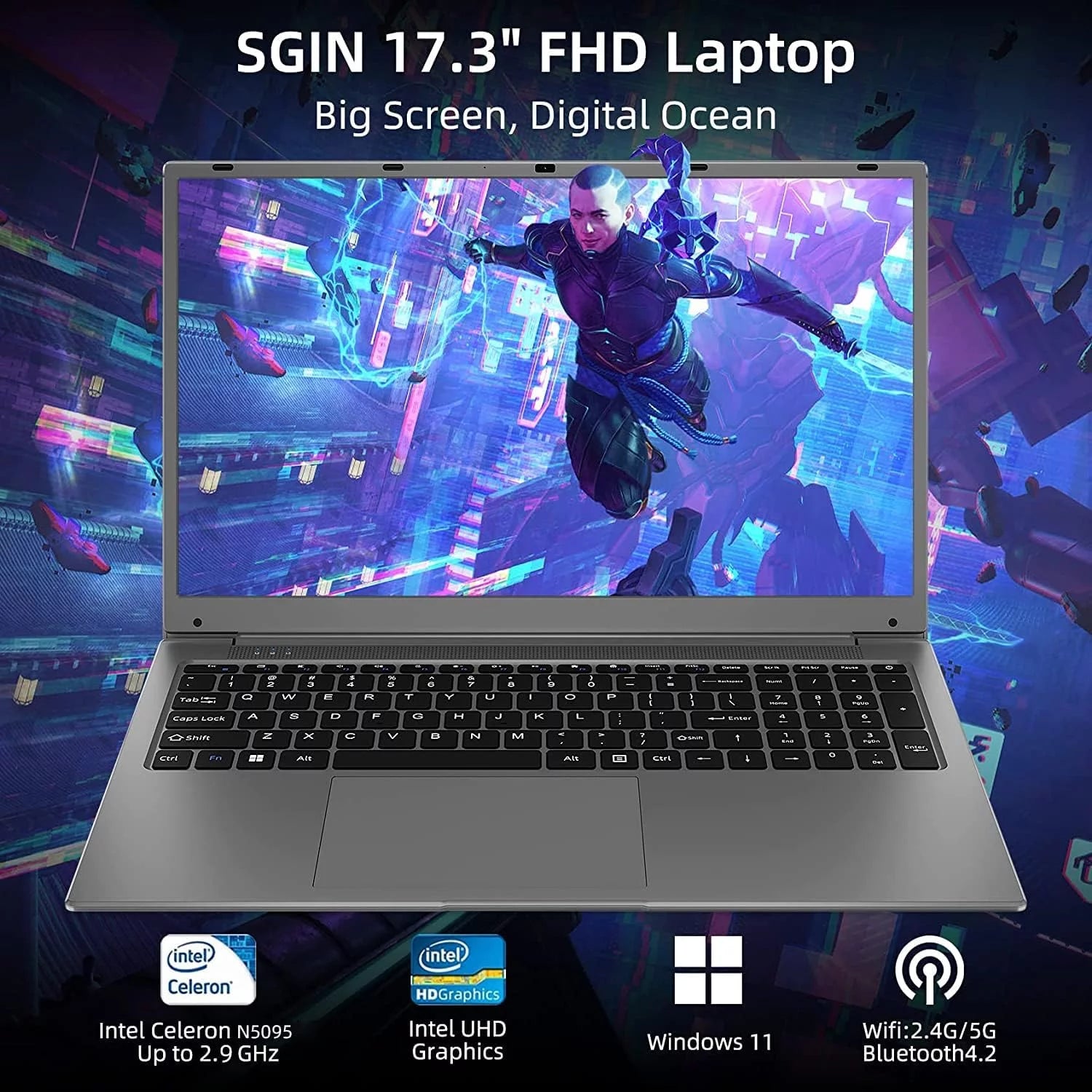 17.3 Inch Windows 11 Laptop 12GB DDR4 512GB SSD with Intel Celeron N5095 FHD 1920X1080, Gray