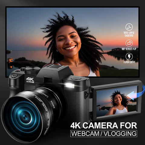 Digital Camera 4K Ultra HD 48MP All-In-One Vlogging Camera with Wide Angle Lens, Digital Zoom 16X and 3" Screen