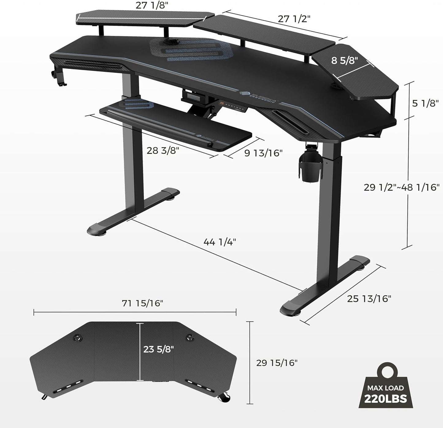 Gaming Desk, Standing Desk Keyboard Tray, 72" Wing Shaped Music Studio Desk Electric Adjustable Height Desk Sit Stand Desk with LED Shelves, Gaming Recording Live Stream, Slot Design