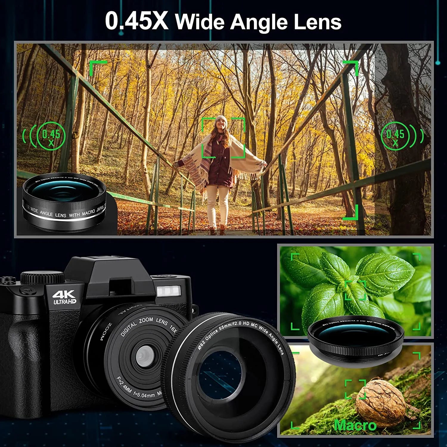 Digital Camera 4K Ultra HD 48MP All-In-One Vlogging Camera with Wide Angle Lens, Digital Zoom 16X and 3" Screen