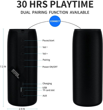 Waterproof Bluetooth Speaker, Portable Wireless Outdoor Speaker with Loud Stereo Sound, Bluetooth 5.0, 30H Playtime, Black