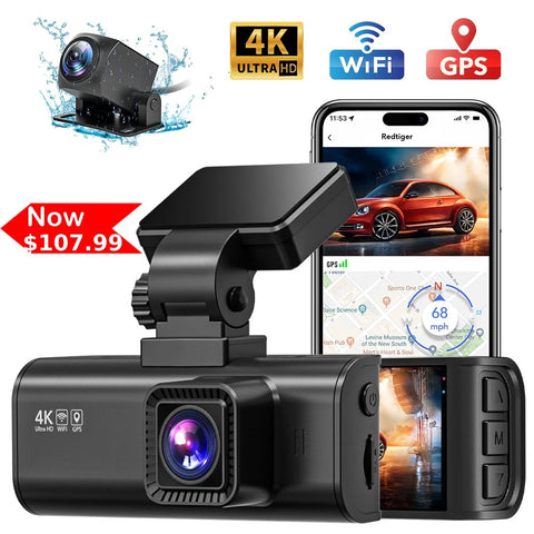 Dash Cam Front and Rear, 4K Dashcam with Wifi & GPS, 4K/2.5K Front+1080P Rear Dashcamera with View Night Vision, LCD Screen Display, Loop Recording,Black